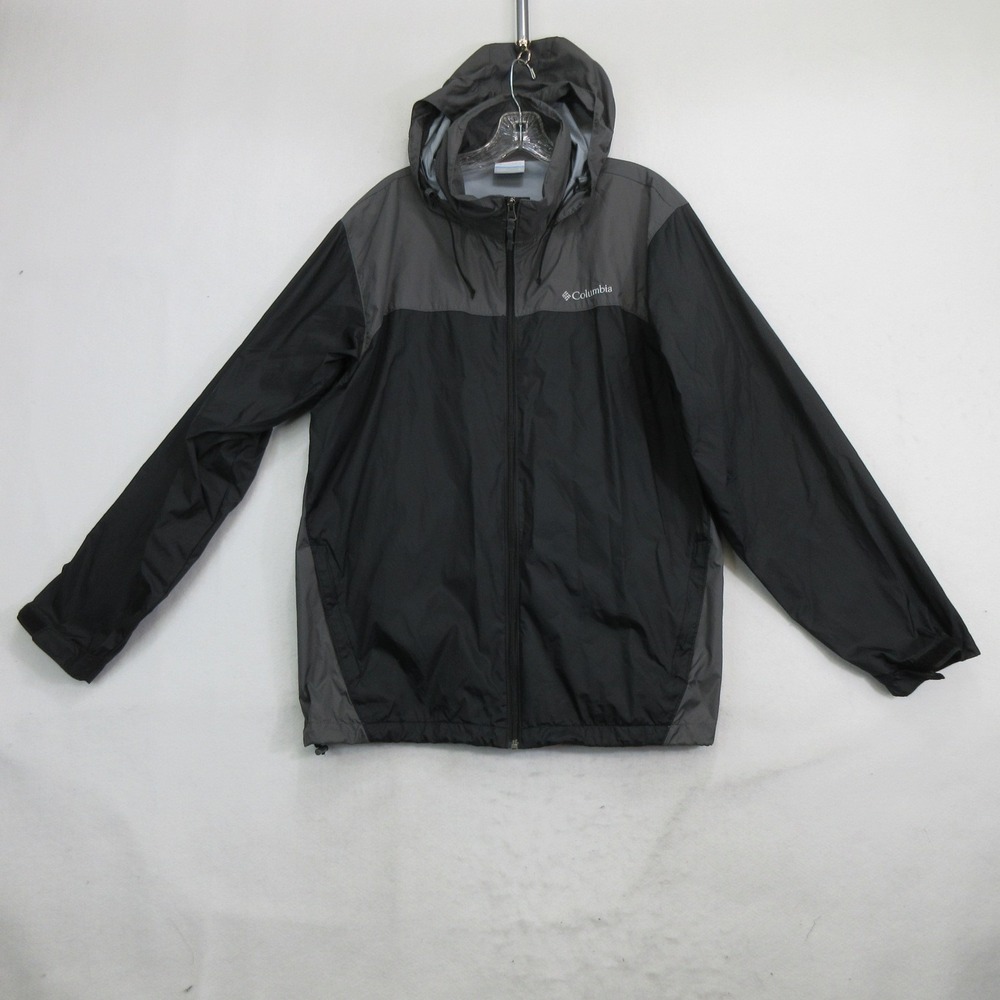 Columbia Men Jacket L Windbreaker Full Zip Hooded Rain Black Gray Colorblock